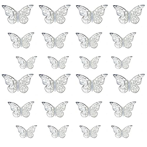 PAITOK 3D Butterfly Wall Stickers for Kids Bedroom, 24PCS in 3 Sizes Butterfly Wall Decals for Home Decor Wedding Party Decoration(Silver)