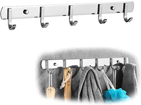 ERBO Hakenleiste Edelstahl, Garderobenleiste mit 6 Haken, Kleiderhaken Wand für Küche, Wandgarderobe, Schlafzimmer, Badezimmer (Silber, 31cm)
