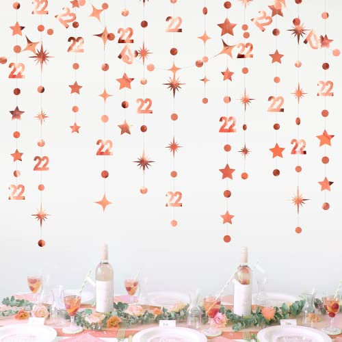 Rose Gold 22th Birthday Decorations Nummer 22 Kreis Dot Twinkle Star Girlande Metallic Hanging Streamer Hintergrund für Mädchen 22 Jahre alt Geburtstag Offizielle Teenager Party Supplies