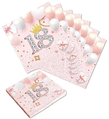 Servietten 18 Geburtstag, 20Stk Servietten Rosa Weiß 33cm x 33cm Papierservietten für Frau Mädchen Geburtstags Kindergeburtstag Deko Party Supplies Tischdekoration