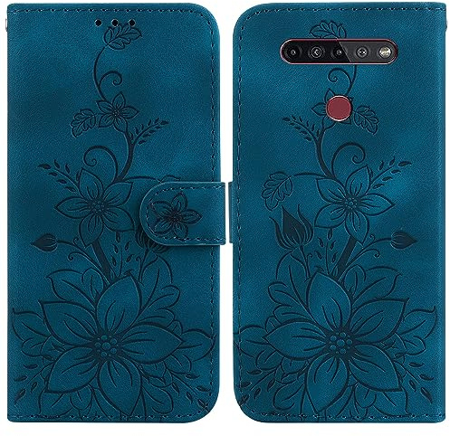 BLOTECH Schutzhülle für LG K41S/LG K51S Hülle Leder,Handyhülle für LG K41S/LG K51S,Stoßfeste Handytasche Magnetisch Prägung Flip Blumen PU Leder Tasche Wallet Case für LG K41S/LG K51S,Blau