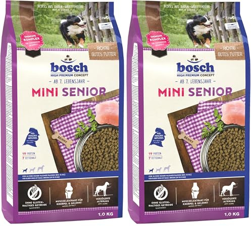 Bosch HPC Mini Senior | Hundetrockenfutter für ältere Hunde Kleiner Rassen (bis 15 kg) | 1 x 1 kg (Packung mit 2)