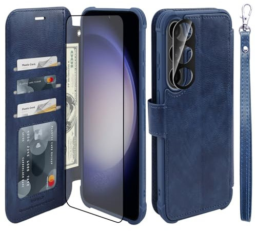 VANAVAGY Wallet Case for Galaxy S24 with Rfid Flip Card Holder,[Screen Protector and Camera Lens Protector] Leather Wrist Strap Supports Wireless Charging Case for Galaxy S24 6.2”,Navy Blue