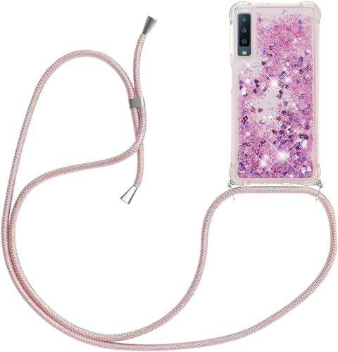 HomiTunky Handykette für Samsung Galaxy A7 2018 Hülle mit Band,Silikon Durchsichtig Transparent Flüssig Glitzer mit Kette Kordel Bumper Treibsand Necklace TPU Schutzhülle Case,Rosa