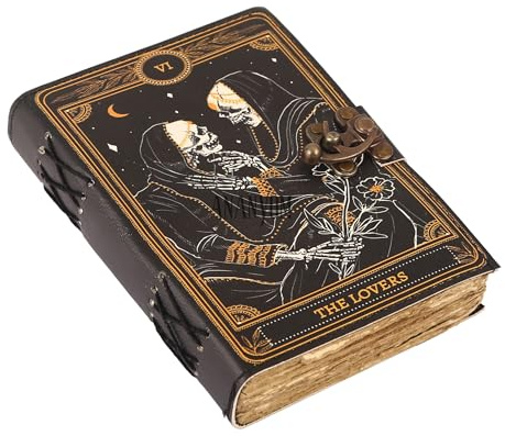 ANANYOM Handmade Leather Journal, Lovers Tarot, Spiral Gothic, Skull Lover, Antique Vintage Leather Notebook Diary Sketchbook, 200 Blank Deckle Paper, Unruled, Brass Clasp Lock Journal, Men & Women