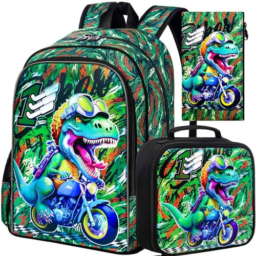 KLFVB 3 mochilas de dinosaurio para niños, bolsa de libros y lonchera de 16 pulgadas, mochilas preescolares para estudiantes de primaria, Juego de dinosaurios de motocicleta con impresión UV mejorada