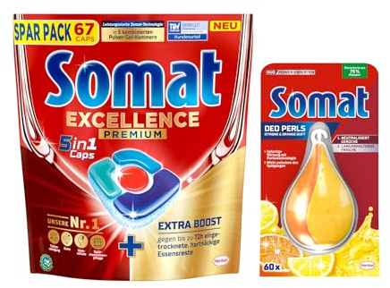 SOMAT 5in1 Caps 72 AW Excellence Premium, schnellauflösende Spülmaschinentabs, entfernen hartnäckige Essensreste + Somat Duo Power Experten Deo Perls 60 AW Zitrone & Orange Duft 17g
