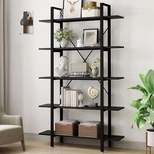 Dripex Bücherregal mit 5 Etagen, Standregal 120 x 30 x 178 cm Industrie Büroregal stabile Stahlrahmen groß Aufbewahrungsregal für Büro Arbeitszimmer Wohnzimmer (Schwarz)