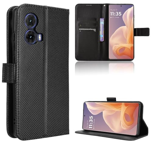 Rojeuinn Funda de Fibra para Motorola Moto G85 5G Estilo Cartera con Flip, Carcasa Protectora función de Soportey Ranura para Tarjetas, Cierre Magnético Case, Negro
