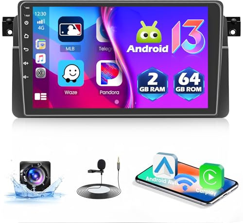 2+64G Android 13 Autoradio für BMW E46 1999-2005 Wireless Carplay Android Auto Mirror Link, 9 Zoll Touch Display Radio mit Bildschirm GPS Navi BT FM RDS Rückfahrkamera
