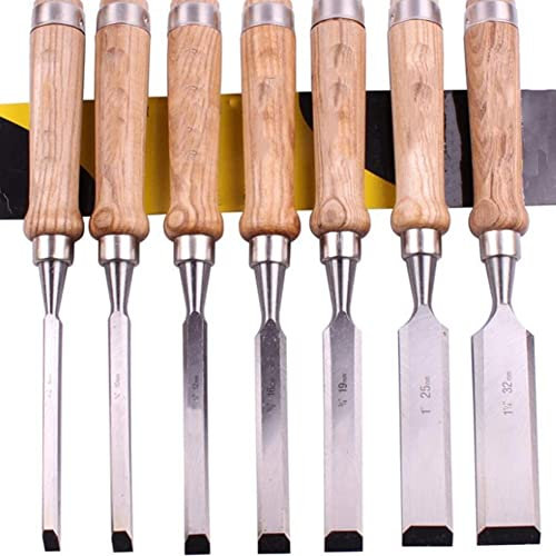 Wood Chisel Set,Bevel Edge Chisel with Wood Handle and Protective Cover, Carving Heavy Duty Hand Tools(Set of 7 Pieces)