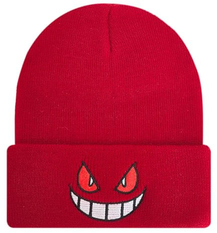 Logretve Anime-Beanie-Mütze für Kleinkinder, für Herren und Damen, warm, Winter, mit Bündchen, Stickerei, gestrickt, Totenkopfmütze, Weinrot, Einheitsgröße