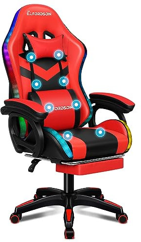 ELFORDSON LED Gaming Chair with 8-Point Massage, Swivel Office Chairs with Head Pillow Lumbar Support, Ergonomic Desk Chair with Armrests Footrest for Heavy Duty, PU Leather, Red