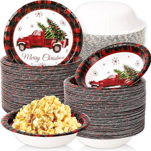 Whaline 100Pcs Christmas Paper Bowls Red Black Plaid Xmas Tree Truck Disposable Serving Bowls Winter Christmas Ice Cream Bowl for Hot Cold Food Party Supplies