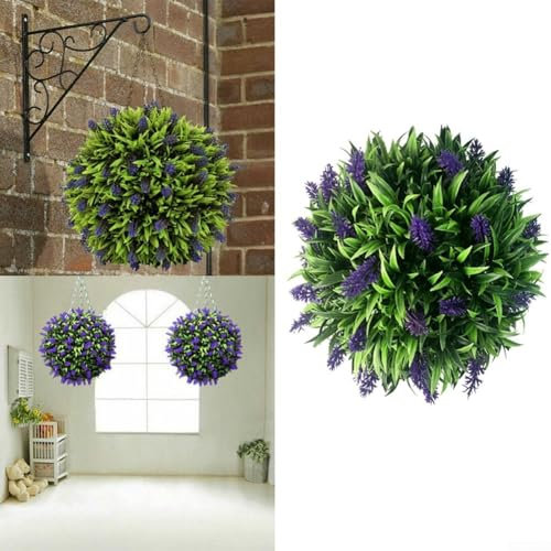 Artificial Lavender Topiary Ball - Hanging Flower Basket for Wall, Eaves, Garden, Balcony Home Decoration (25cm)