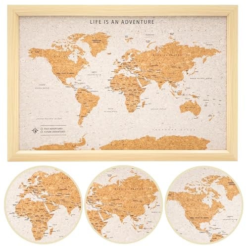 Splosh Framed Travel Map - White Medium Wooden Pin Board with 100 Pins. Travel Map Cork Board. Wooden World Map, Corkboard Map Travel Gift. Mark your fast & future adventures!