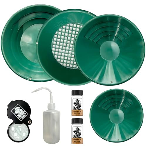 The Grumpy Old Gold Finder Ultimate Gold Panning Kit, padella extra large e piccola, classificatore, lente d'ingrandimento 6x, fiale d'oro e bottiglia di lavaggio per prospezione, lavaggio e