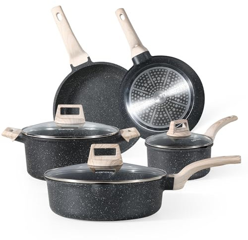 Carote Juego de utensilios de cocina antiadherentes de granito, 8 piezas compatibles con inducción y ollas con tapas, juego de utensilios de cocina con efecto de piedra negra sin PFOA con asas de