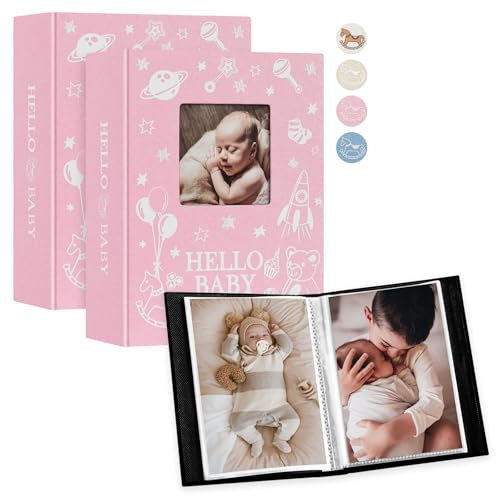 Lanpn Baby Fotoalbum 10x15 100 Fotos 2 Pack, Leinen Babyalbum Einstecken Foto album, Mini Photo Album Einsteckalbum, Neugeborenen Kinder Kinderalbum Fotobuch, für 1. Geburtstag Mädchen Junge, Rosa