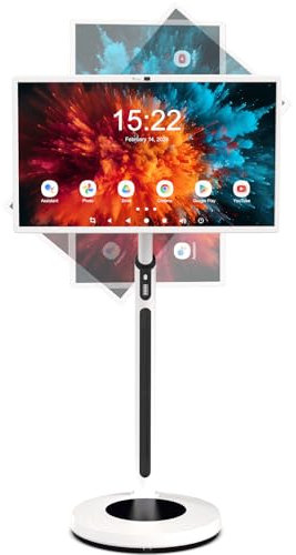 Shiarffe Smart TV with 32 Inch Wheels, Portable TV Stand with Wheels with Touch Screen Monitor, 1080P HD Display, Android Operating System (Google Play Support), Battery