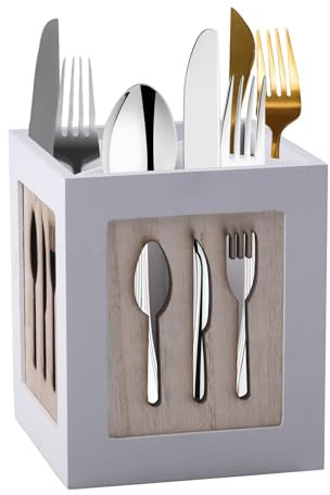 Rongxze Besteckbehälter Besteckkasten Holz Besteck Aufbewahrung, Egal ob als Besteckhalter in der Küche oder Stiftbehalter im Büro, Schlafzimmer oder Flur - Stylisch mit Besteckmotiv.