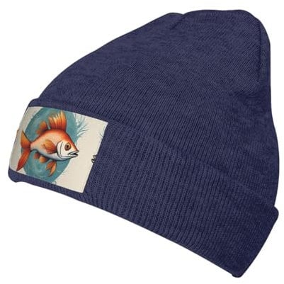 Oudrspo Marineblaue, schöne Strickmütze mit Fisch-Aufdruck, multifunktional, Strickmütze, weiche, warme Wintermütze für Damen und Herren