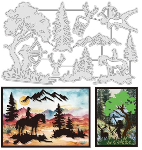 UNICRAFTALE 9 Stück Metall Baum Hintergrund Stanzformen Für Die Kartenherstellung Stanzformen Für Die Jagd Wald Elch Kamel Hirsch Prägeschablonen Schablonenform Für DIY Scrapbooking