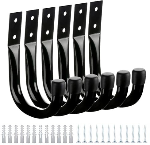 zwxqe Garage Storage Hooks, Yard Tool Rack Set of 6, Wall Mounted Heavy Duty Hanger, Space-Saving Utility Organizer, Anti-Slip Coated Steel, Ideal for Garage, Shed, Basement, Black