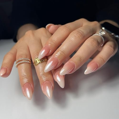KQueenest Chrome Ombre French Press on Nails Almond Medium Glazed Glitter French False Nails Medium, Luxury Design Acrylic Fake Nails Set with Bling Mirror Effect Stick on Nail for Women 24 Pcs