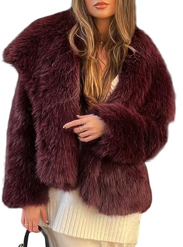 Yimoon Manteau d'hiver chaud en fausse fourrure pour femme | Col à revers, bouton-pression, surdimensionné, manches longues, manteau court en fourrure, jaket court à poils longs