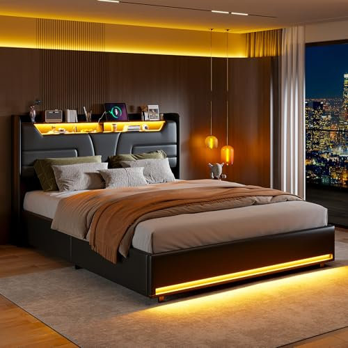 fortuna Lai Lit Coffre 160x200 avec Sommier, Lit 2 Personnes avec éclairage LED et USB et Sommier à Lattest, Fonction de Charge, PU (Noir-B, 160x200 cm)
