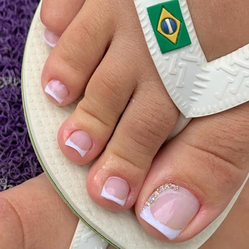 French False Toe Nails - 24 Pcs Toe Fake Nails - White Toe Nails Press On With Diamond - Full Cover Glossy French Tip ToeNails - Stick On Toenails For Women Nail Decoration