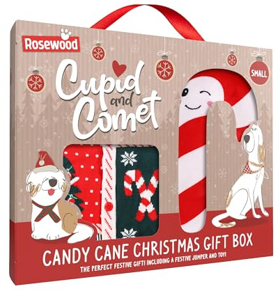 Rosewood Cupid & Comet Box for Dogs, Large – Festive Dog Jumper and Candy Cane Plush Toy, Holiday Dog Present, Christmas Outfit and Toy Set for Dogs, Fun for Pets