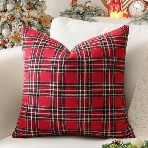 Sungeek 1 Stück Weihnachten Schottisches Karo Kissenbezug, Plaid Tartan Dekorativ Zierkissenbezüge Kariert Kissenbezüge Dekokissen Deko Bezug Kissenhülle für Sofa Schlafzimmer 60x60cm (Rot)