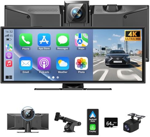 11.5 Carplay Screen for Car, Car Tablet Pro Max 2025 Car Stereo with 4K Front and 1080P Rear Camera, Car Play Screen Wireless CarPlay Android Auto Mirror Link AUX FM Bluetooth 64G SD