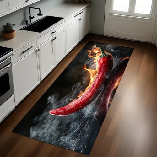 Küche Bodenmatte Rote Paprika rutschfest Waschbar Fußmatte Läufer Flurteppich Teppich Küchenläufer Küchenteppich 60x120 cm