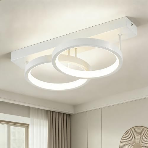 WOKNOS LED Deckenlampe 2 Ring Design,Moderne Deckenleuchte Weiß 38cm