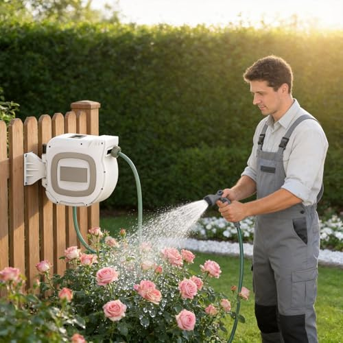 UISEBRT Schlauchtrommel Wasser 28+2m mit 180° Schwenkhalterung & 10 Sprühmodi,Schlauchaufroller zur Wandmontage Schlauchbox mit Automatisches Aufrollen für Garten, Rasen & Autowäsche,Weiß-Grau