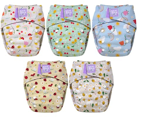 Bambino Mio 5er-Pack wiederverwendbare Stoffwindeln für Babys | Stoffwindeln, von Geburt an bis zum Töpfchen | Verstellbar, waschbar mit Bambuseinlage