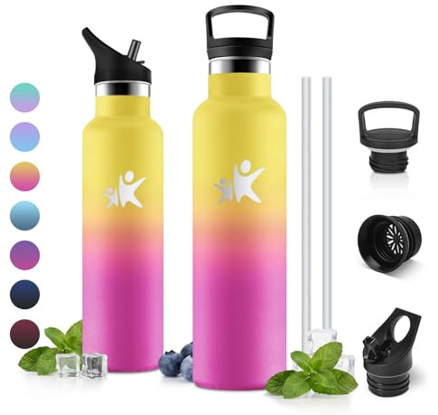 JAPORIA Gourde Inox 750ml, Bouteille Isotherme Double Paroi, Bouteille d'eau avec Paille pour Adulte, Alpinisme, Voyage, Randonnée, Jogging