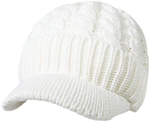 Kuyou Unisex Strickmütze Beanie Cap Winter Kappe Mütze mit Schirm (Weiß)