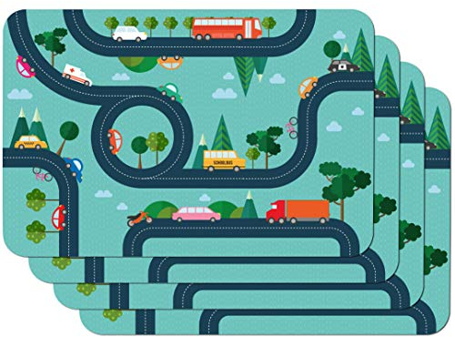 Venilia Tischset Kids Autostraße, Malunterlage, Zeichenunterlage, Platzset für Esszimmer, lebensmittelecht, 45 x 30 cm, 4 Stück, 59108, On The Road