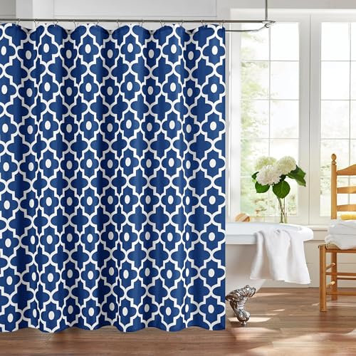 Biscaynebay Rideaux de douche en tissu texturé pour salle de bain, 183 x 183 cm, rideau de douche en lin imprimé perlé indigo marocain, lavable en machine