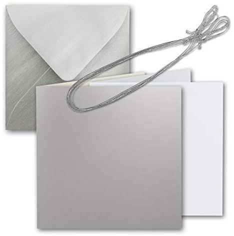 10x Quadratisches Faltkarten Set 15 x 15 cm - mit Briefumschlägen & Einlegeblätter & Schmuckband - Silber Metallic - für Silberene Einladungskarten, Hochzeit, Weihnachten - von GUSTAV NEUSER
