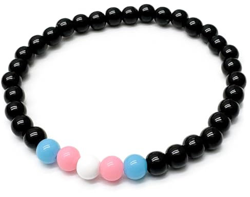 Trans Pride Flag Bead Bracelet, 6mm Pink White Blue and Black Acrylic Beads, Transgender LGBT Awareness, Size Small/Medium 7 inches