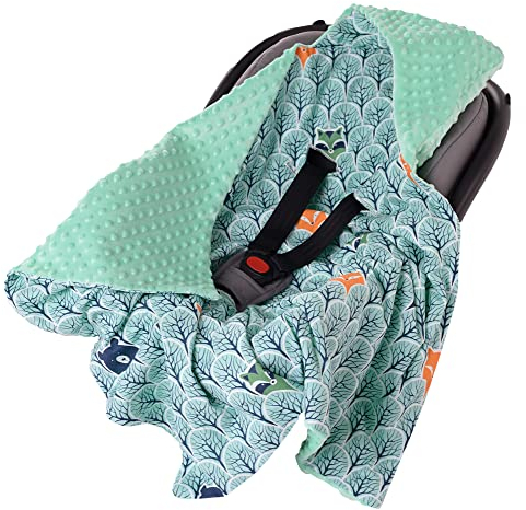 Medi Partners Einschlagdecke Baby Babyschale 100% Baumwolle für Sommer 85x85cm Kinderwagen Kuscheldecke universal Baby Decke Einschlagdecken Babydecke Buggy Autositz (Wald mit minzer Minky)