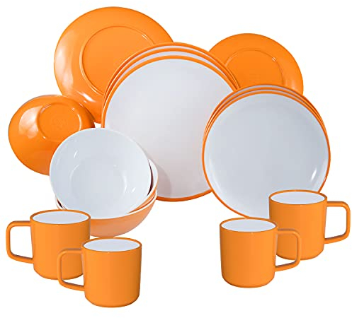 Melamin Camping Geschirrset für 4 Personen - 16 Teile - Campinggeschirr - gelb weiß - Essgeschirr elegant spülmaschinengeeignet