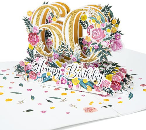 LIMAH® Pop-Up 3D Grußkarte/Hochwertige PopUp 3D Geburtstagskarte zum 60. Geburtstag/Happy Birthday Motiv/in weiß Gold/Groß mit Glitzer