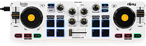 Hercules DJControl Mix – Bluetooth Wireless DJ Controller for Smartphones (iOS and Android) – dJay app – 2 Decks, White