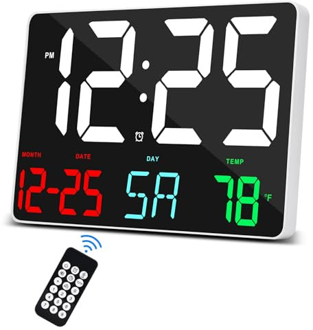 Digital Clock Large Display,11.5 Digital Calendar Alarm Clock with Wireless Remote Control,LED Oversized Wall Clock with Date Temp,12/24H,Large Clock for Home Office Kitchen School,White-Color Word